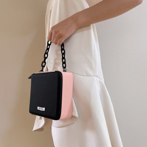 PRADA Black Women's Bag logo chain pink clutch purse additional canvas strap - Picture 1 of 8